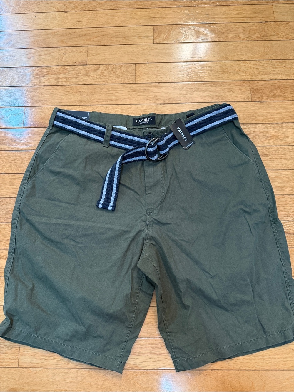 Express Olive Green Flat Front Chino Shorts with Navy Stripe Belt